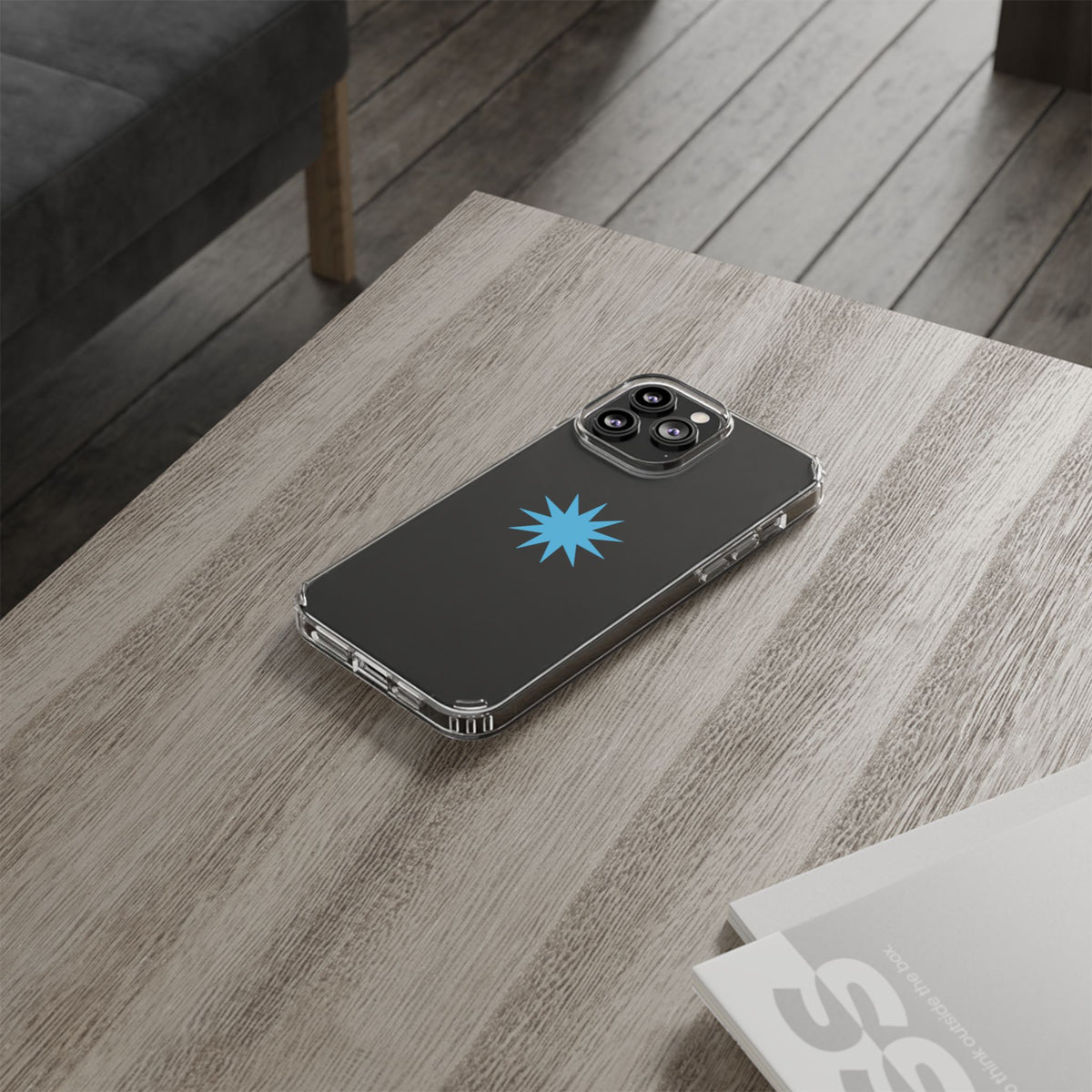 Clear Impact-Resistant Phone Case — Blue Starburst Design
