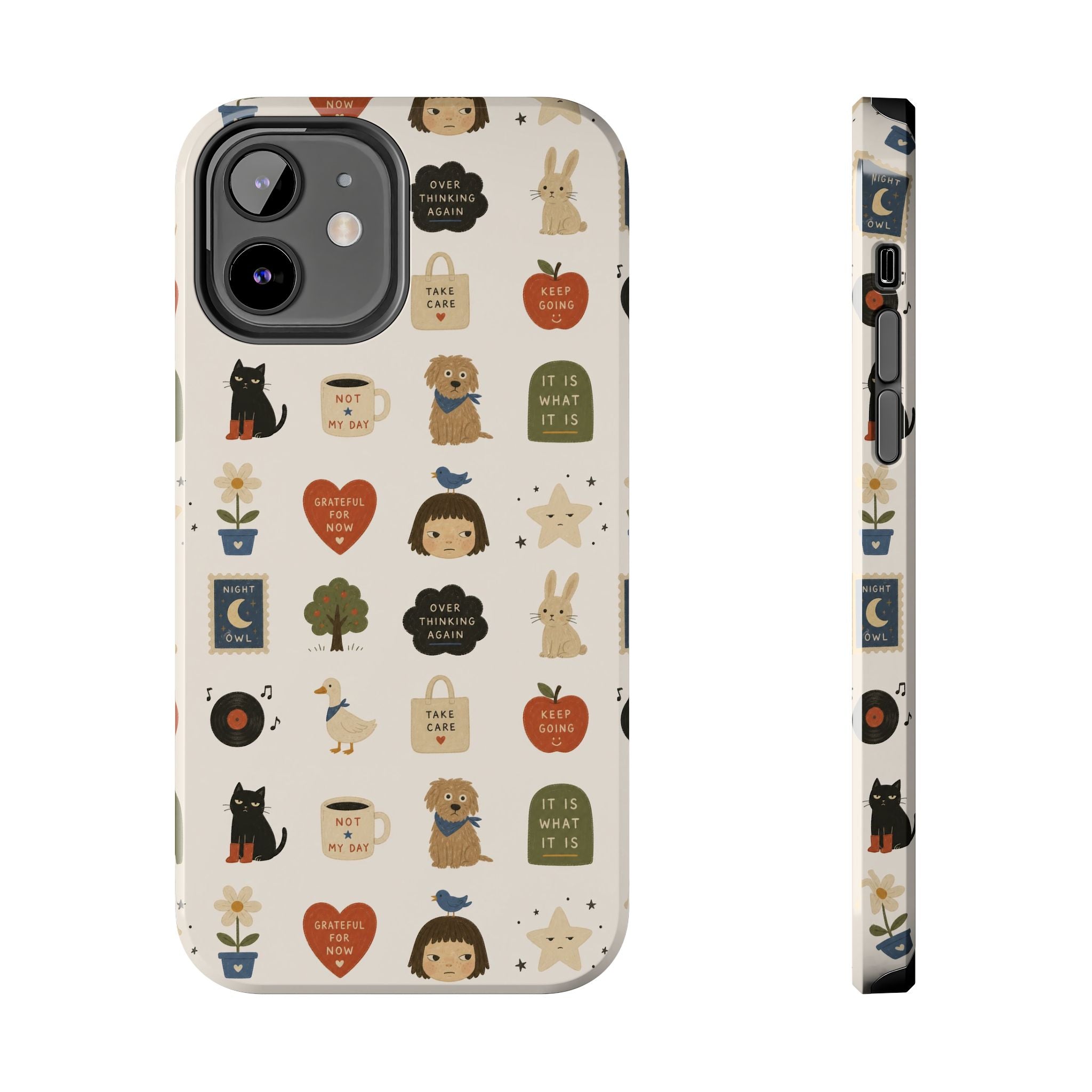 Cute Cozy Icons phone case | dogs, cats, hearts, plants, stars pattern