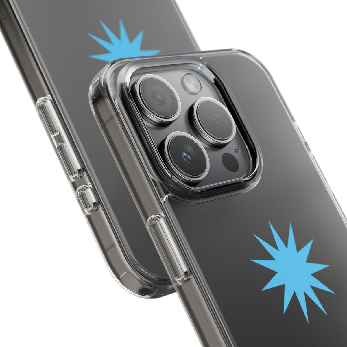 Clear Impact-Resistant Phone Case — Blue Starburst Design