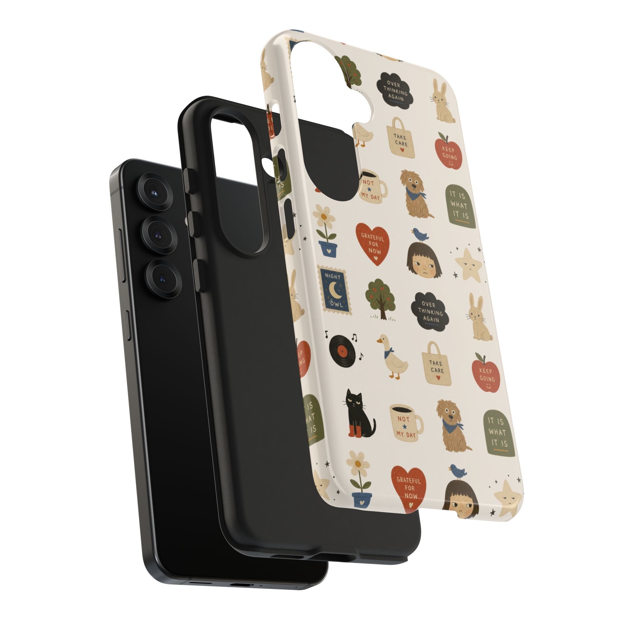 Cute Cozy Icons phone case | dogs, cats, hearts, plants, stars pattern