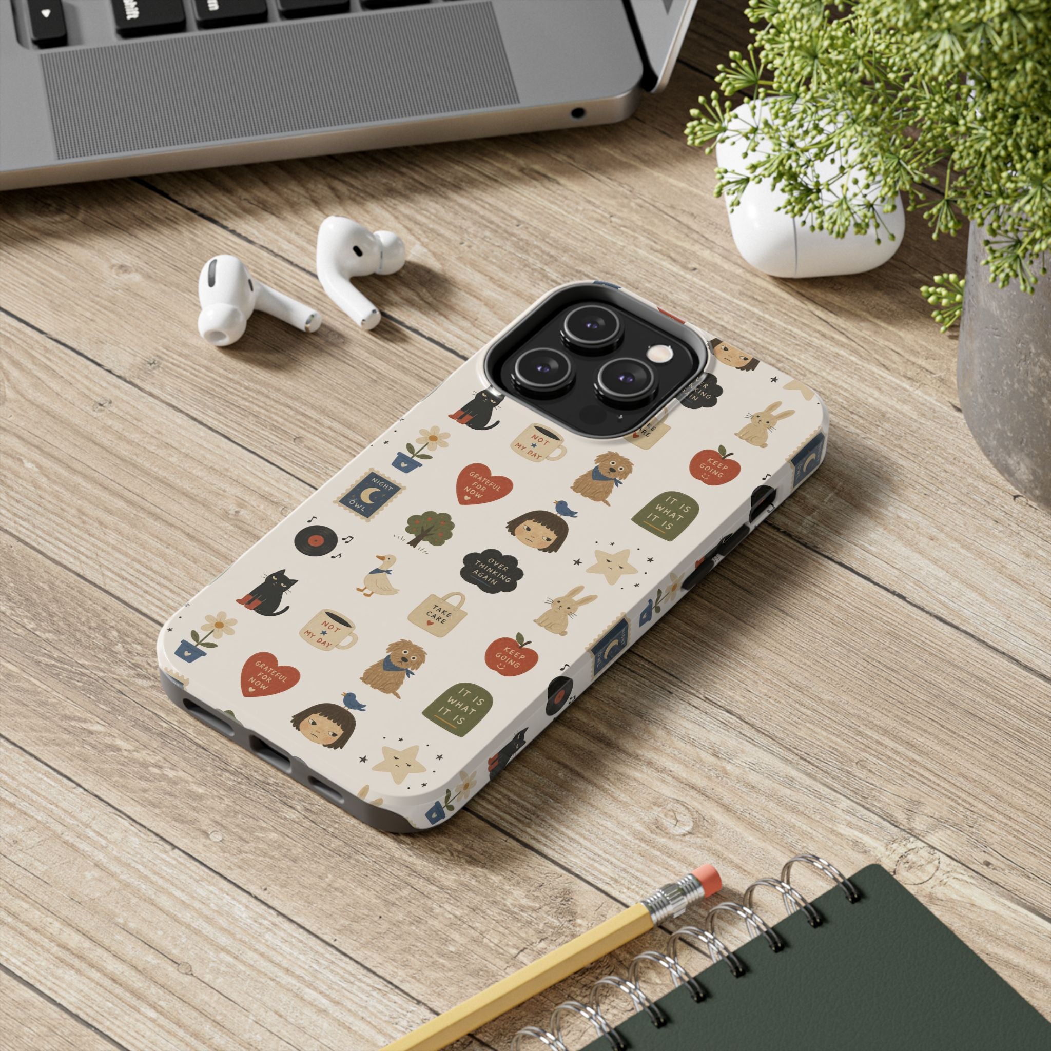 Cute Cozy Icons phone case | dogs, cats, hearts, plants, stars pattern