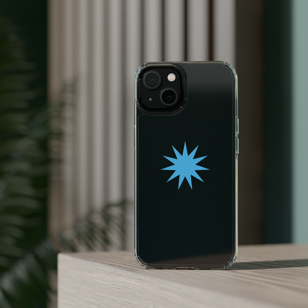 Clear Impact-Resistant Phone Case — Blue Starburst Design