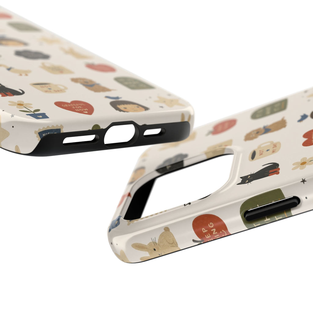 Cute Cozy Icons phone case | dogs, cats, hearts, plants, stars pattern