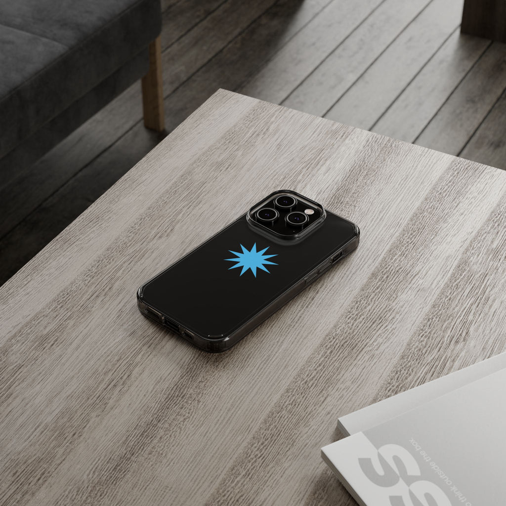 Clear Impact-Resistant Phone Case — Blue Starburst Design