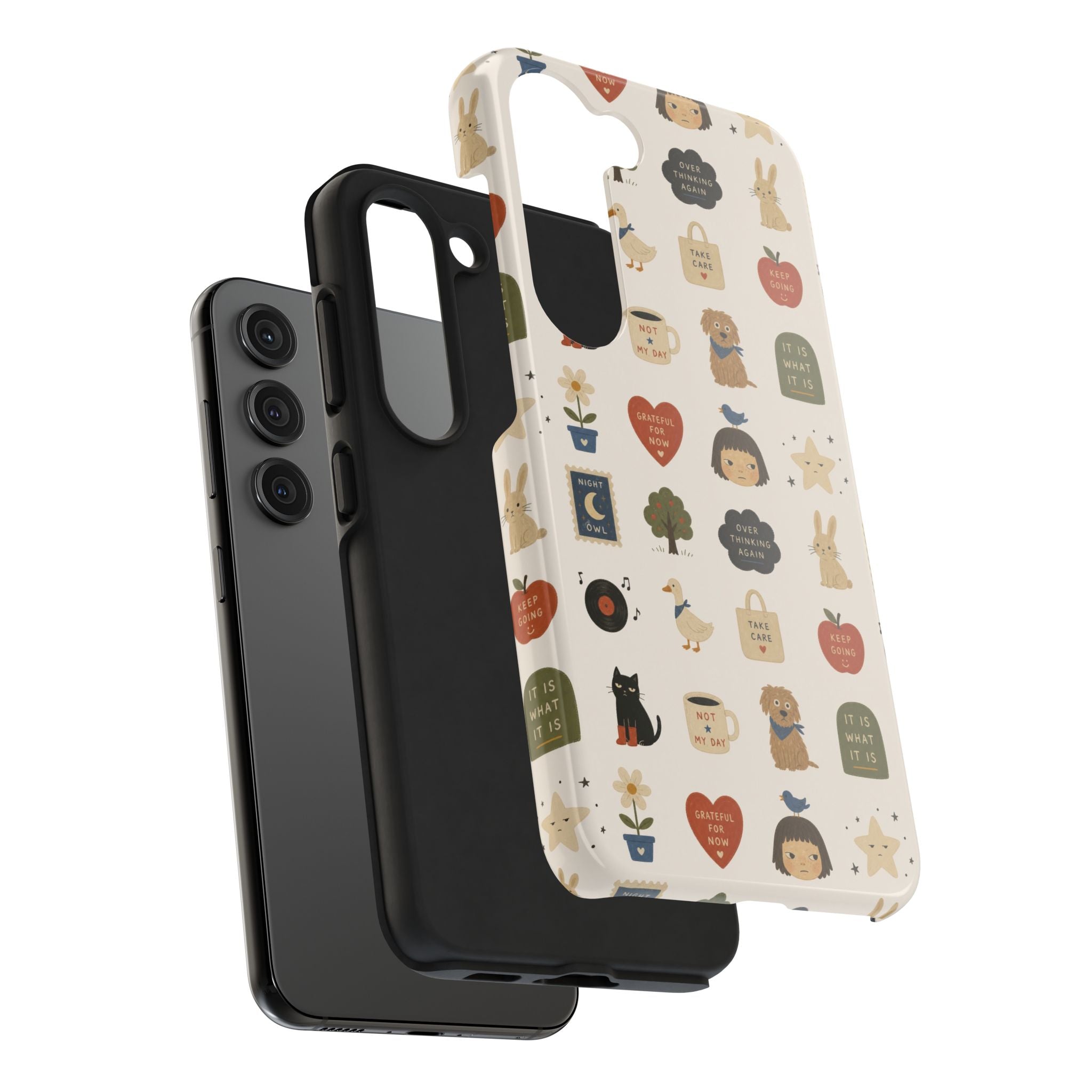 Cute Cozy Icons phone case | dogs, cats, hearts, plants, stars pattern