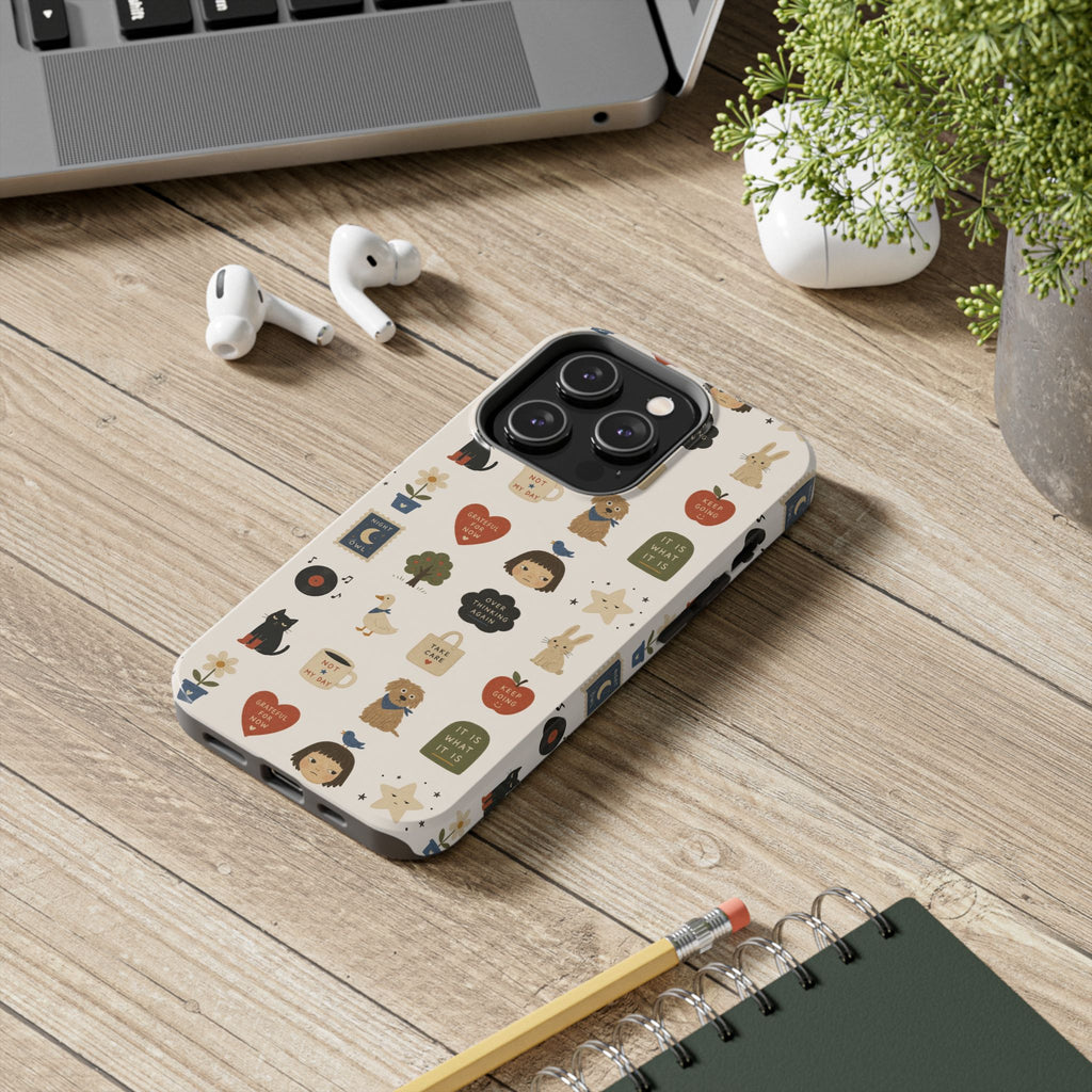 Cute Cozy Icons phone case | dogs, cats, hearts, plants, stars pattern