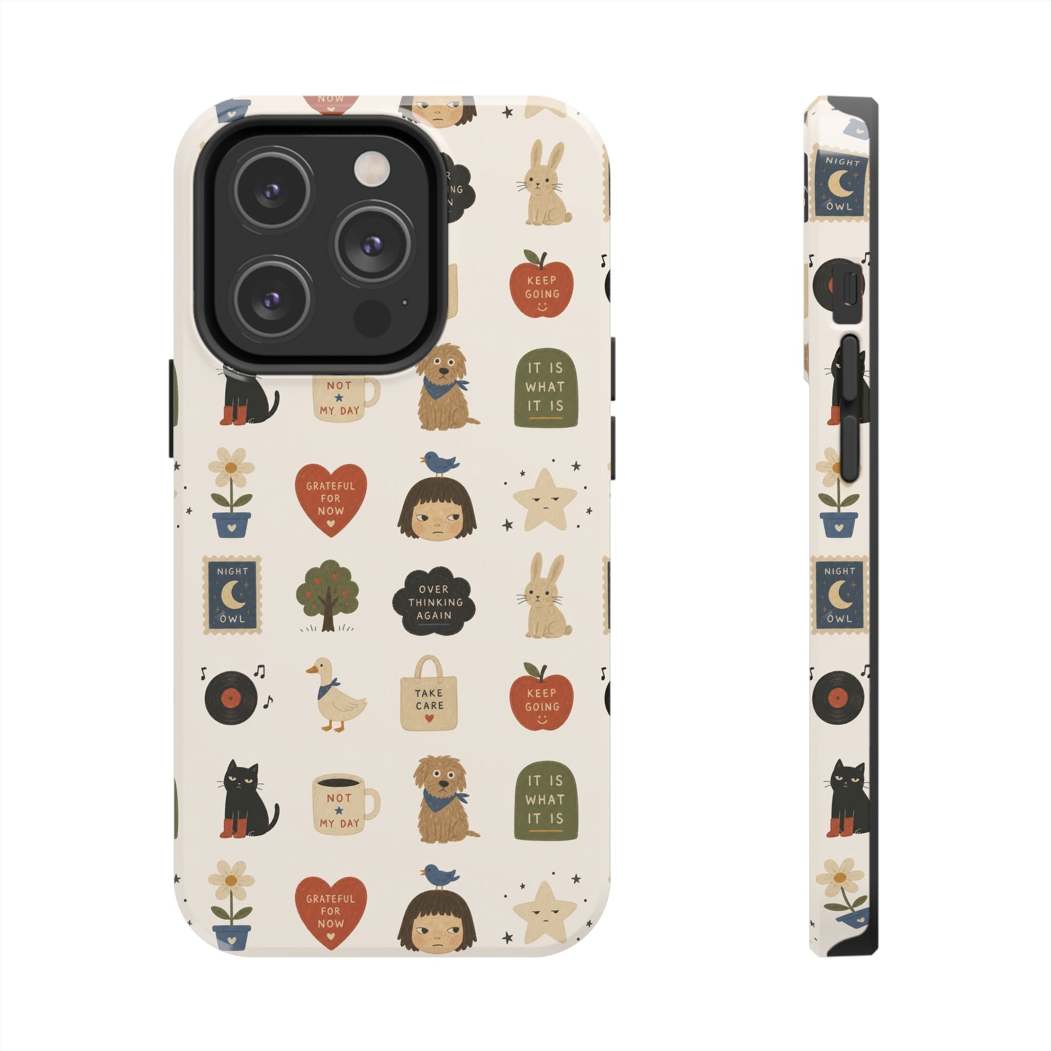 Cute Cozy Icons phone case | dogs, cats, hearts, plants, stars pattern