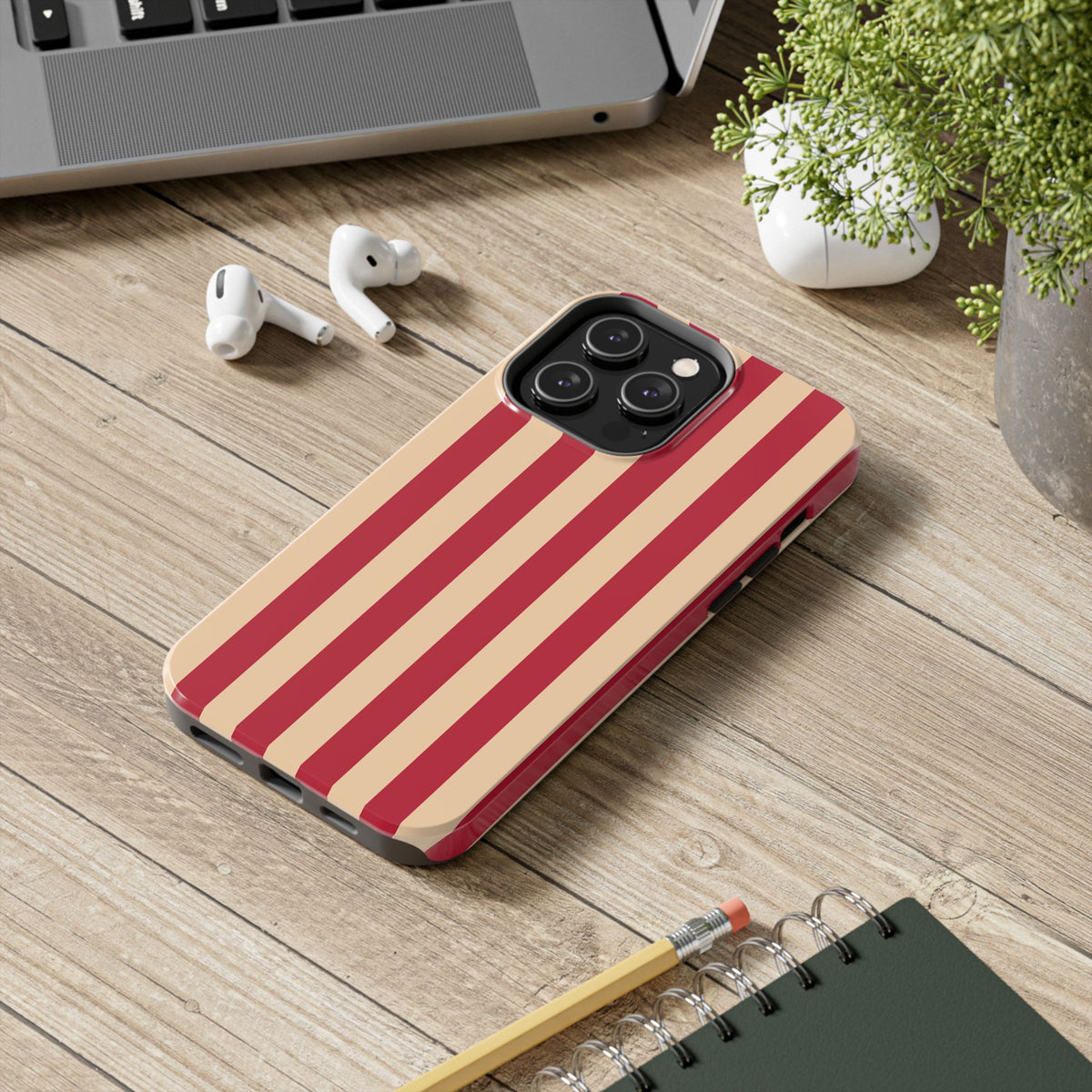 Retro Red & Cream Stripe Phone Case — Tough Protective Cover