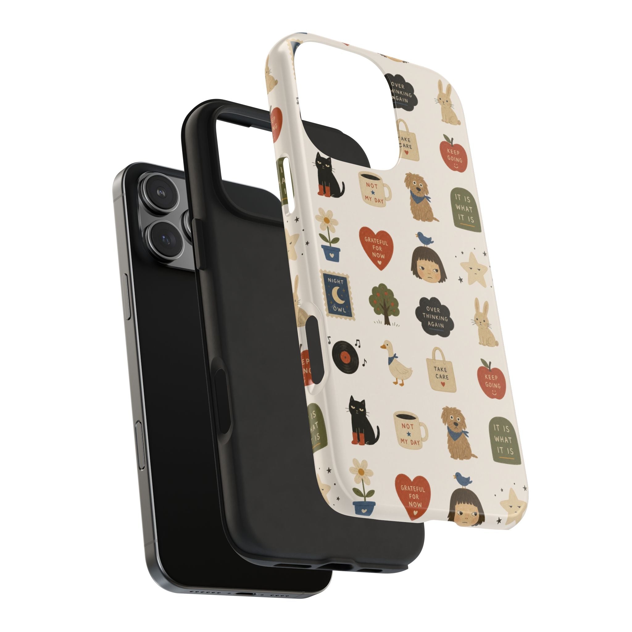 Cute Cozy Icons phone case | dogs, cats, hearts, plants, stars pattern
