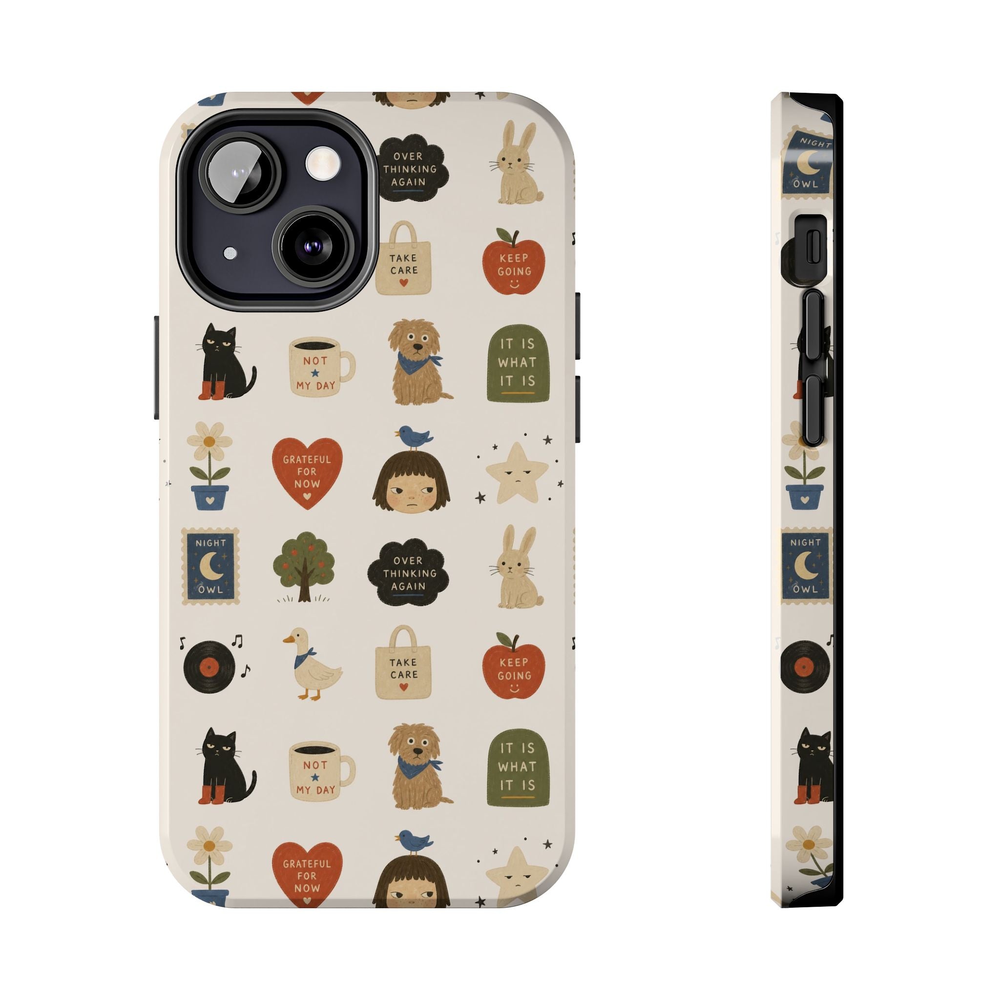 Cute Cozy Icons phone case | dogs, cats, hearts, plants, stars pattern