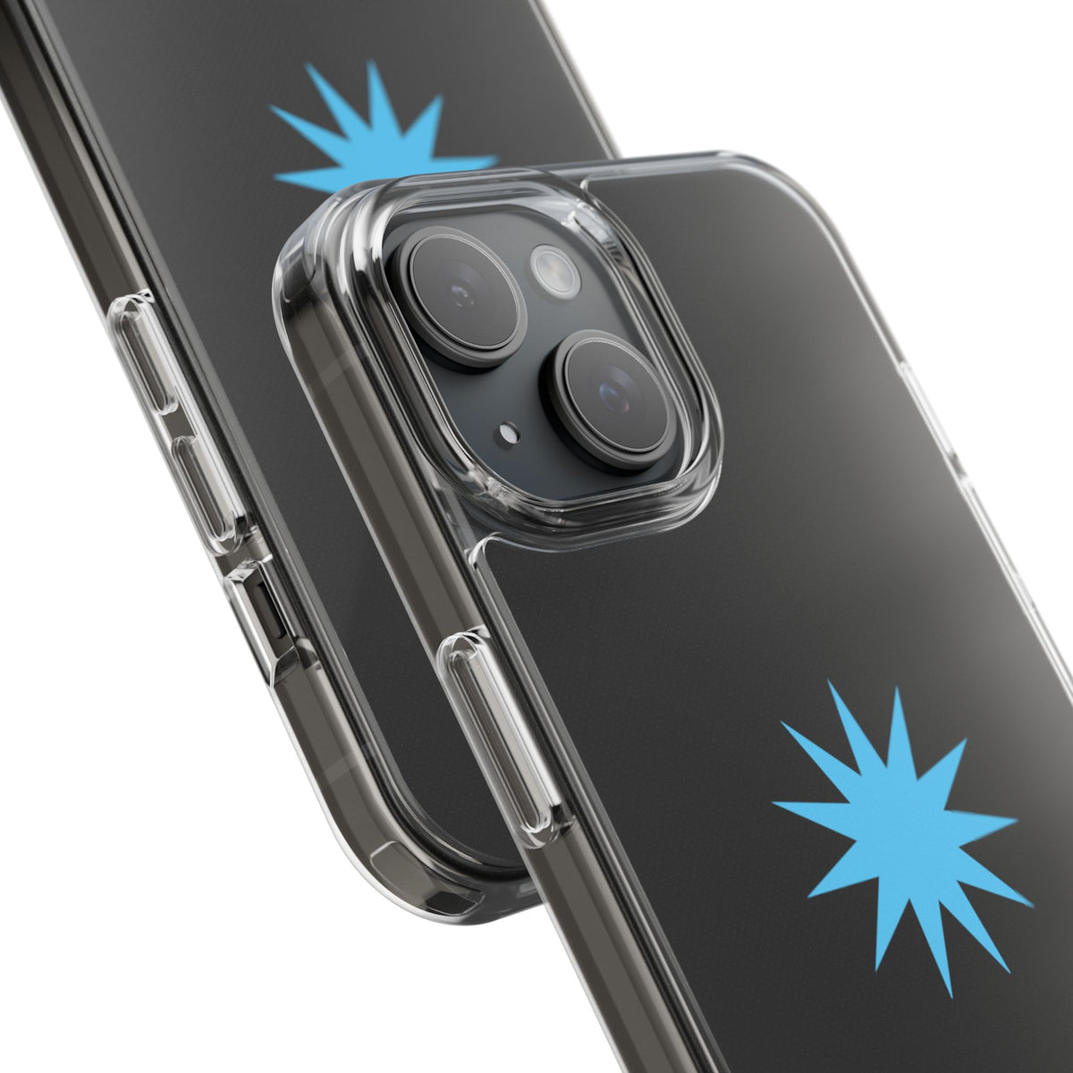 Clear Impact-Resistant Phone Case — Blue Starburst Design