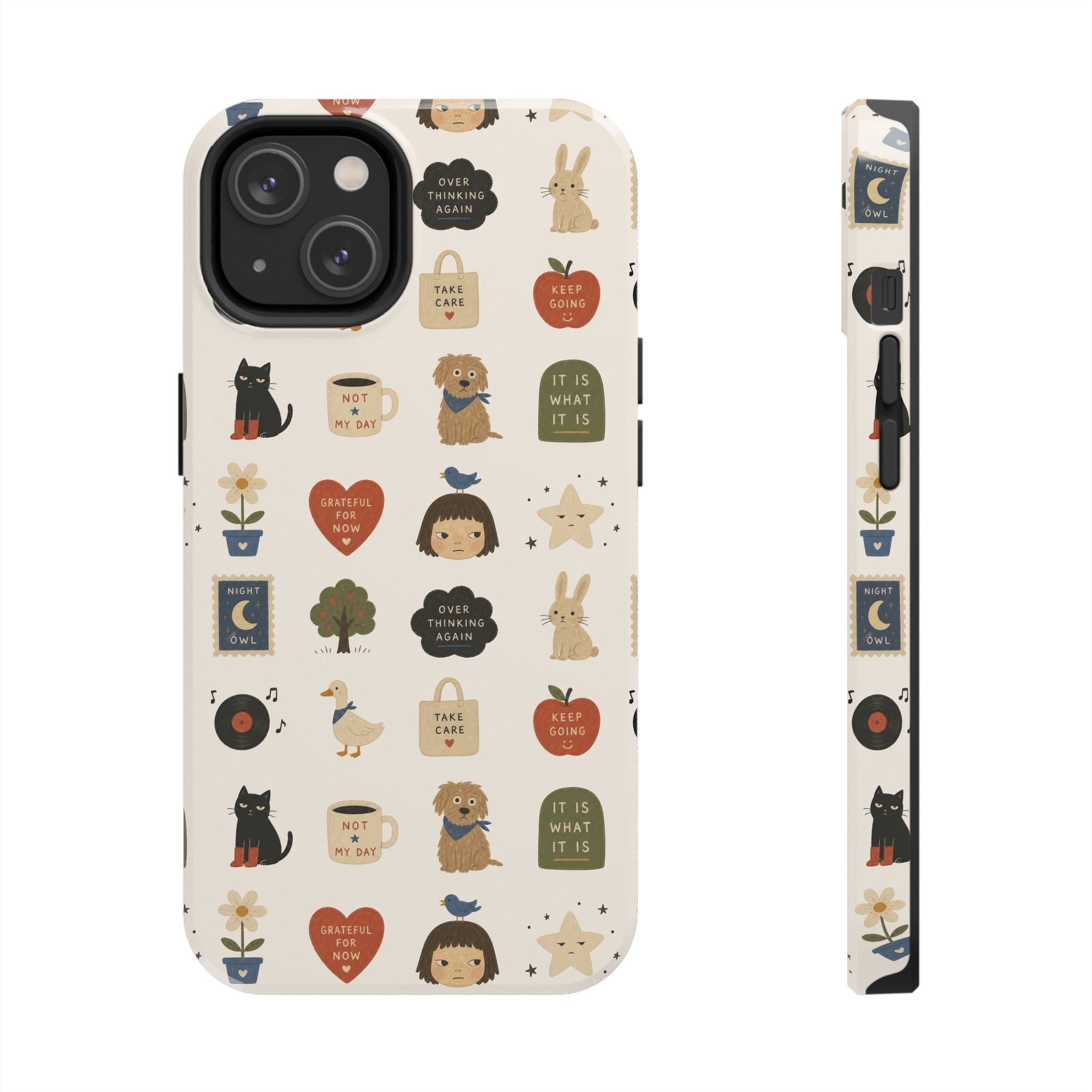 Cute Cozy Icons phone case | dogs, cats, hearts, plants, stars pattern
