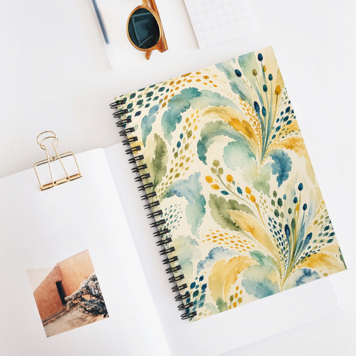 Aqua Gold Watercolor Flourish Spiral Notebook | Ruled Lined Journal