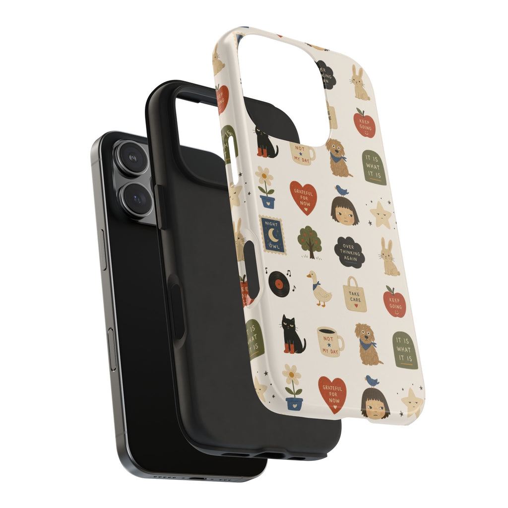 Cute Cozy Icons phone case | dogs, cats, hearts, plants, stars pattern