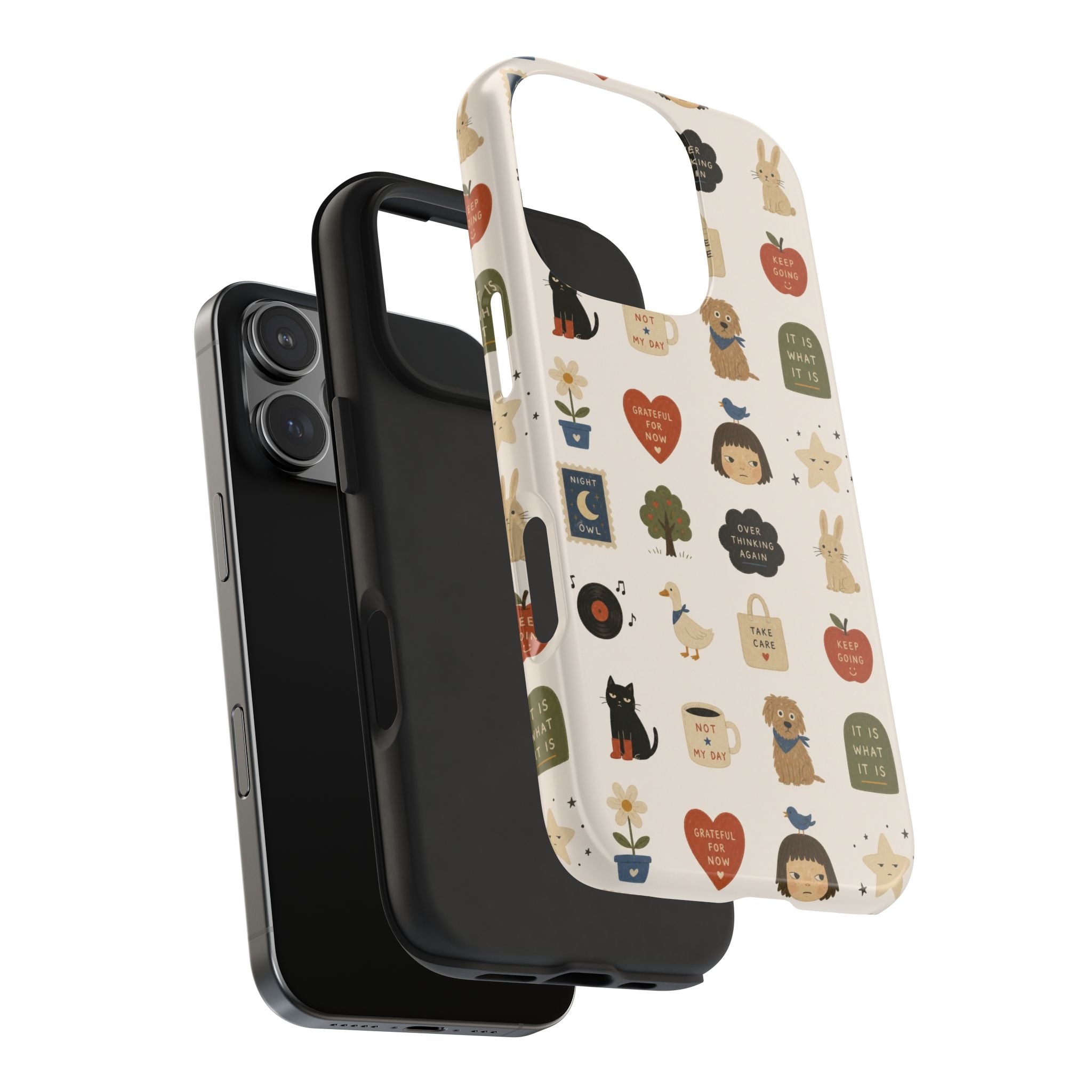 Cute Cozy Icons phone case | dogs, cats, hearts, plants, stars pattern