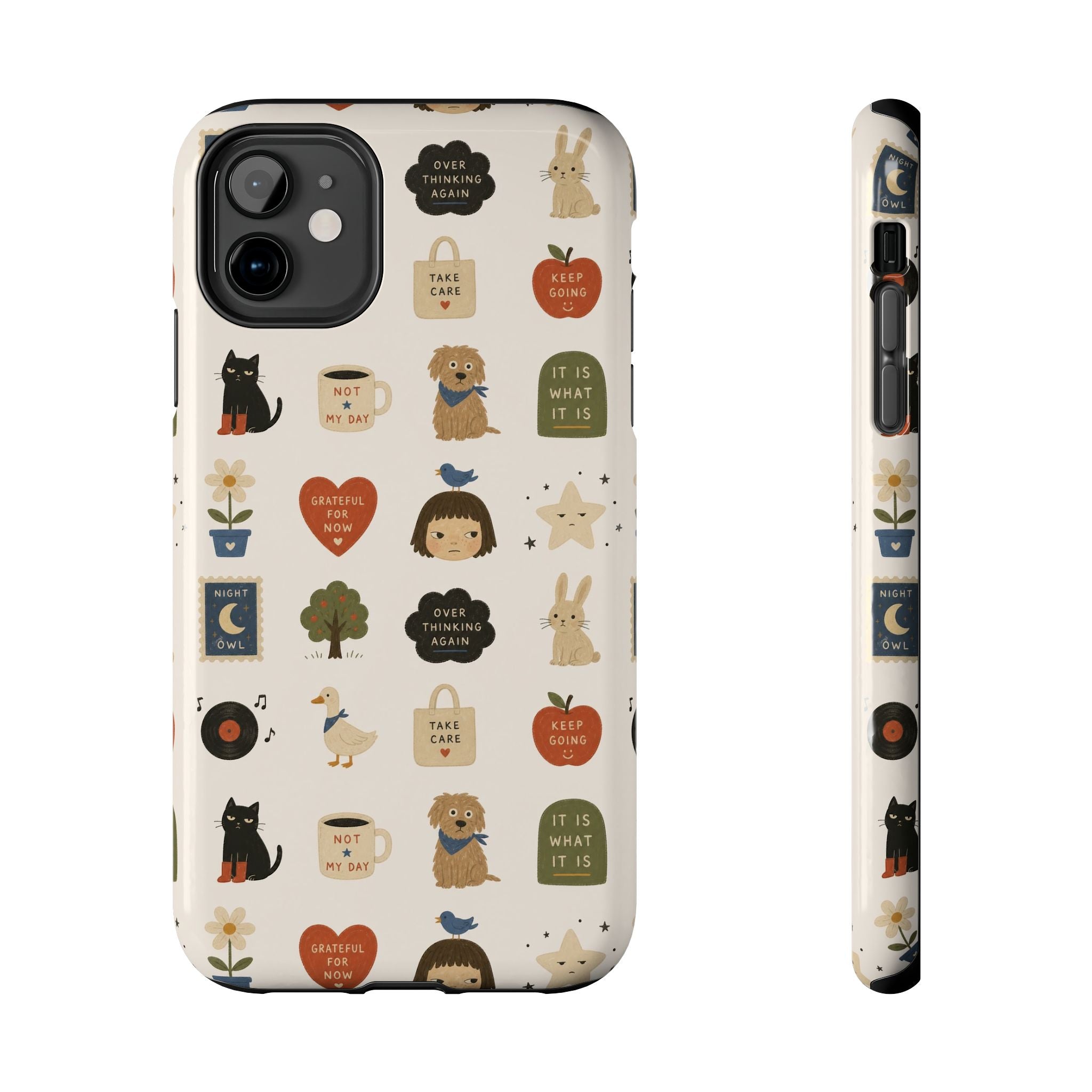 Cute Cozy Icons phone case | dogs, cats, hearts, plants, stars pattern