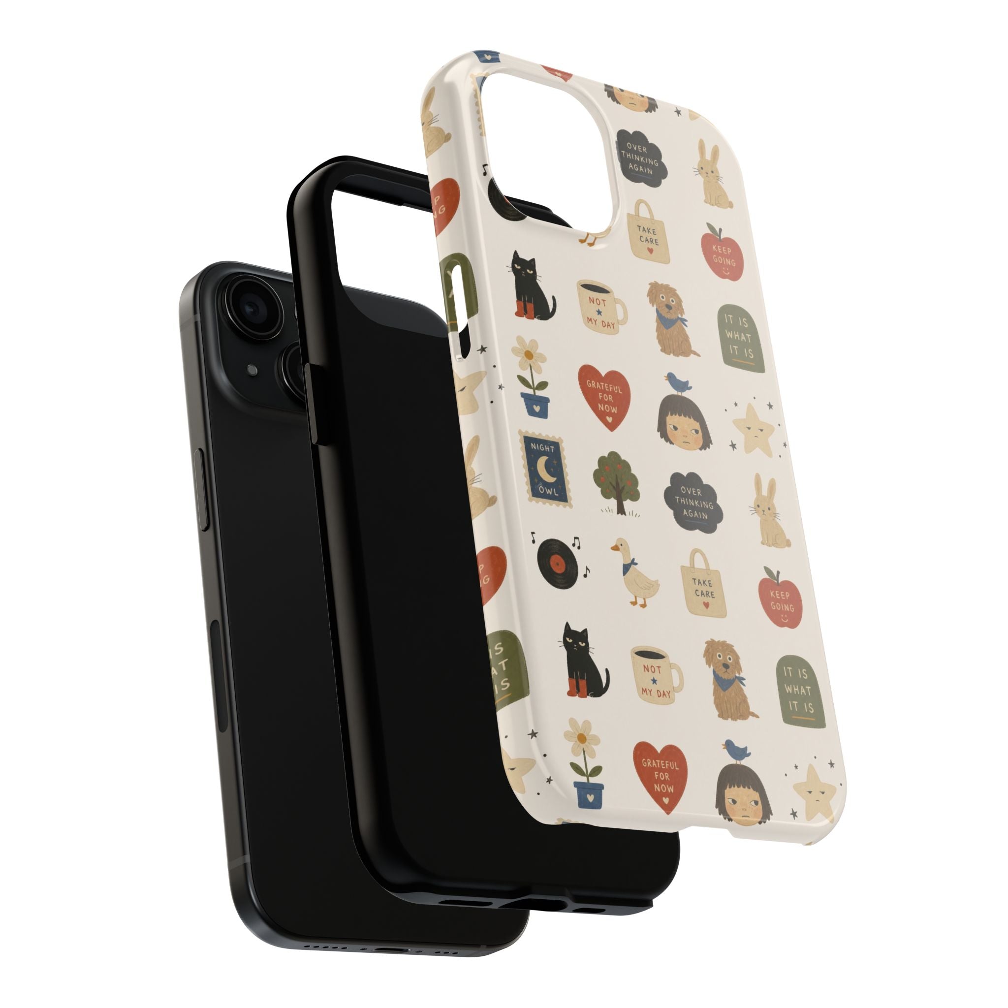 Cute Cozy Icons phone case | dogs, cats, hearts, plants, stars pattern