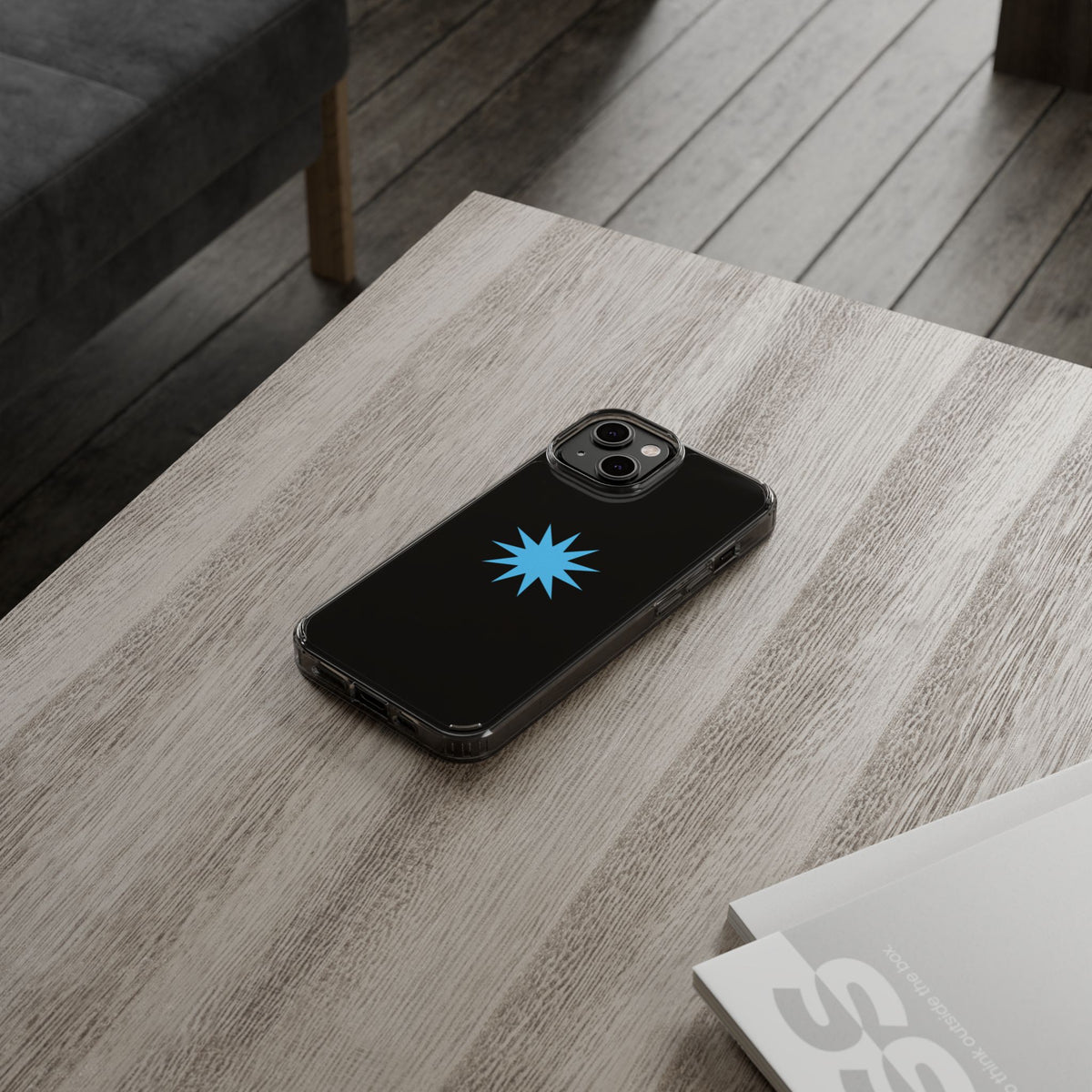 Clear Impact-Resistant Phone Case — Blue Starburst Design