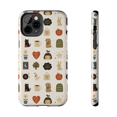 Cute Cozy Icons phone case | dogs, cats, hearts, plants, stars pattern