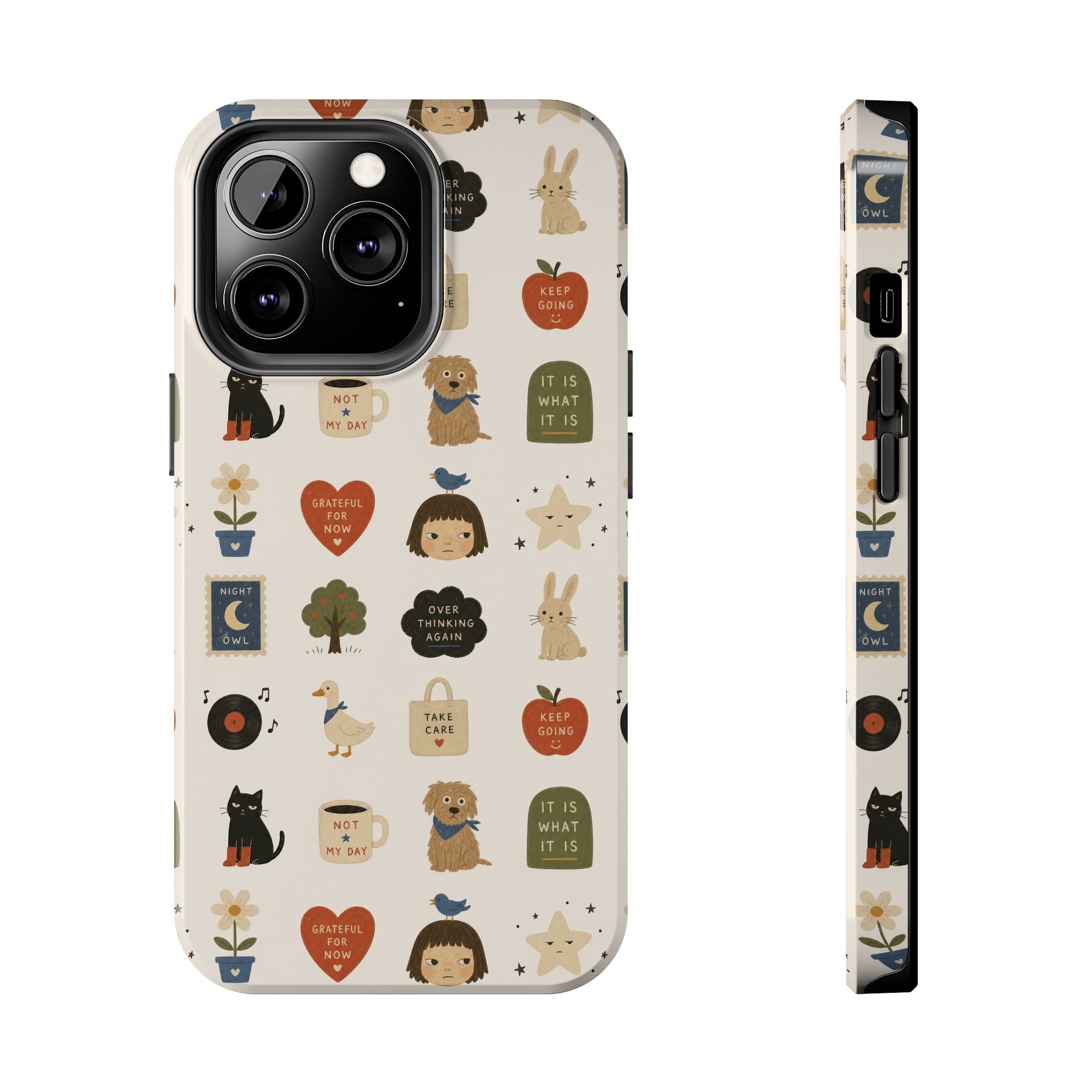 Cute Cozy Icons phone case | dogs, cats, hearts, plants, stars pattern