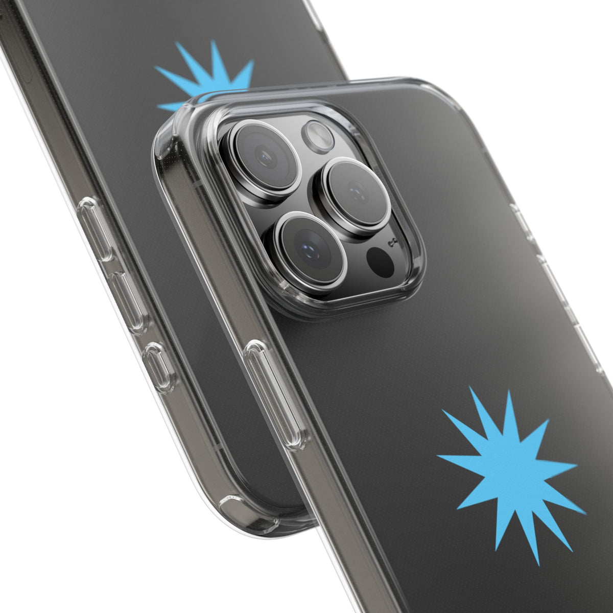 Clear Impact-Resistant Phone Case — Blue Starburst Design