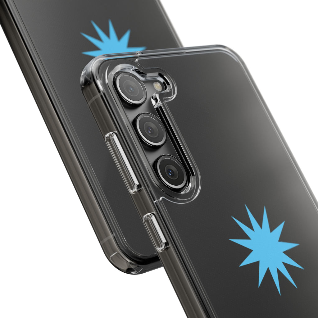 Clear Impact-Resistant Phone Case — Blue Starburst Design