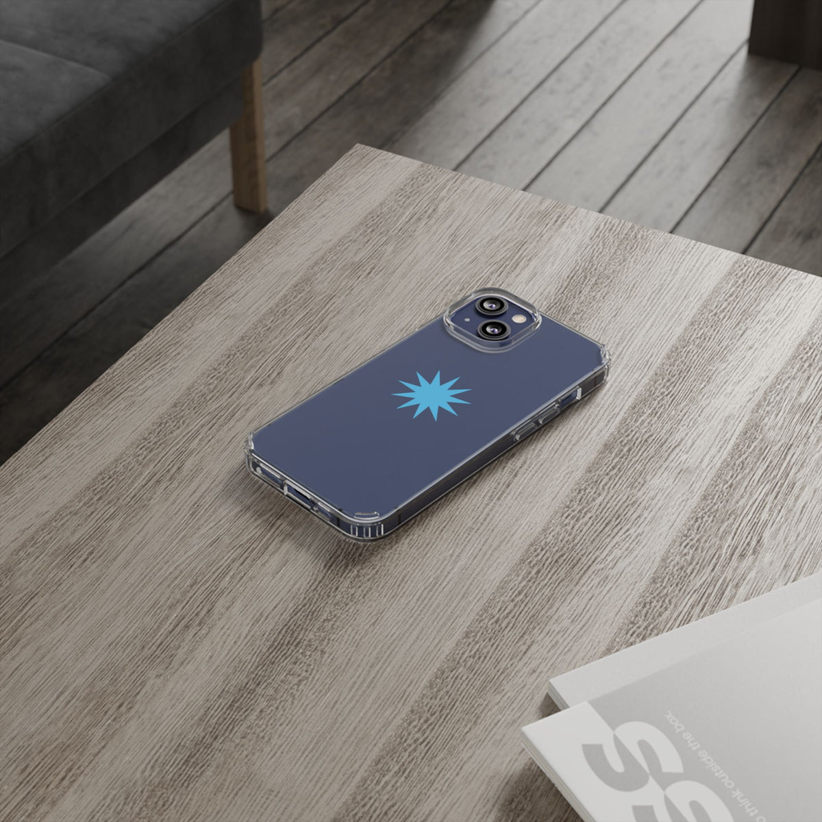 Clear Impact-Resistant Phone Case — Blue Starburst Design