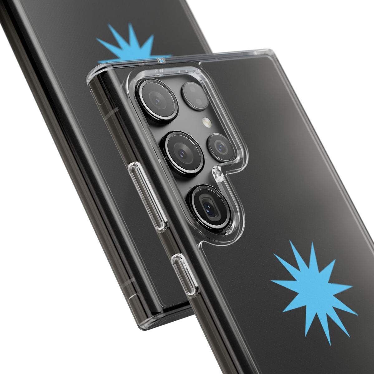 Clear Impact-Resistant Phone Case — Blue Starburst Design