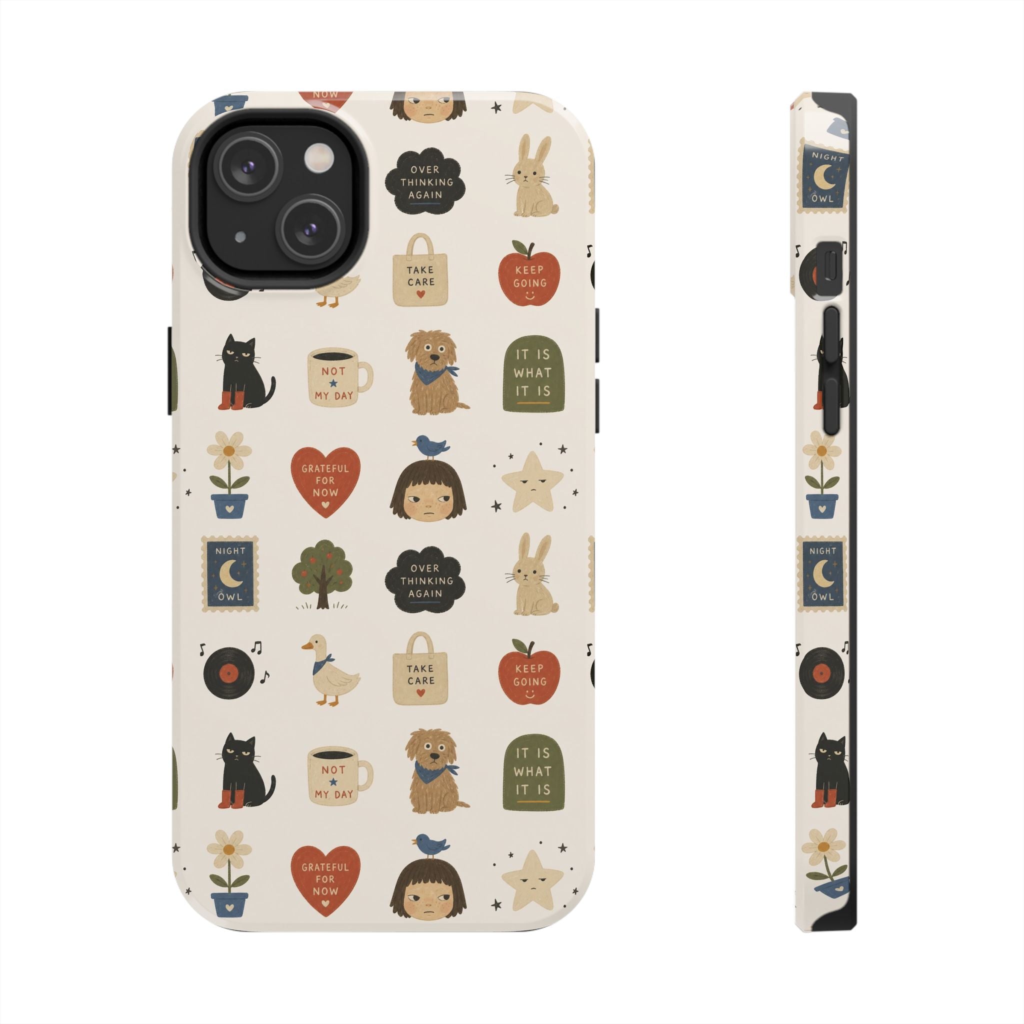 Cute Cozy Icons phone case | dogs, cats, hearts, plants, stars pattern