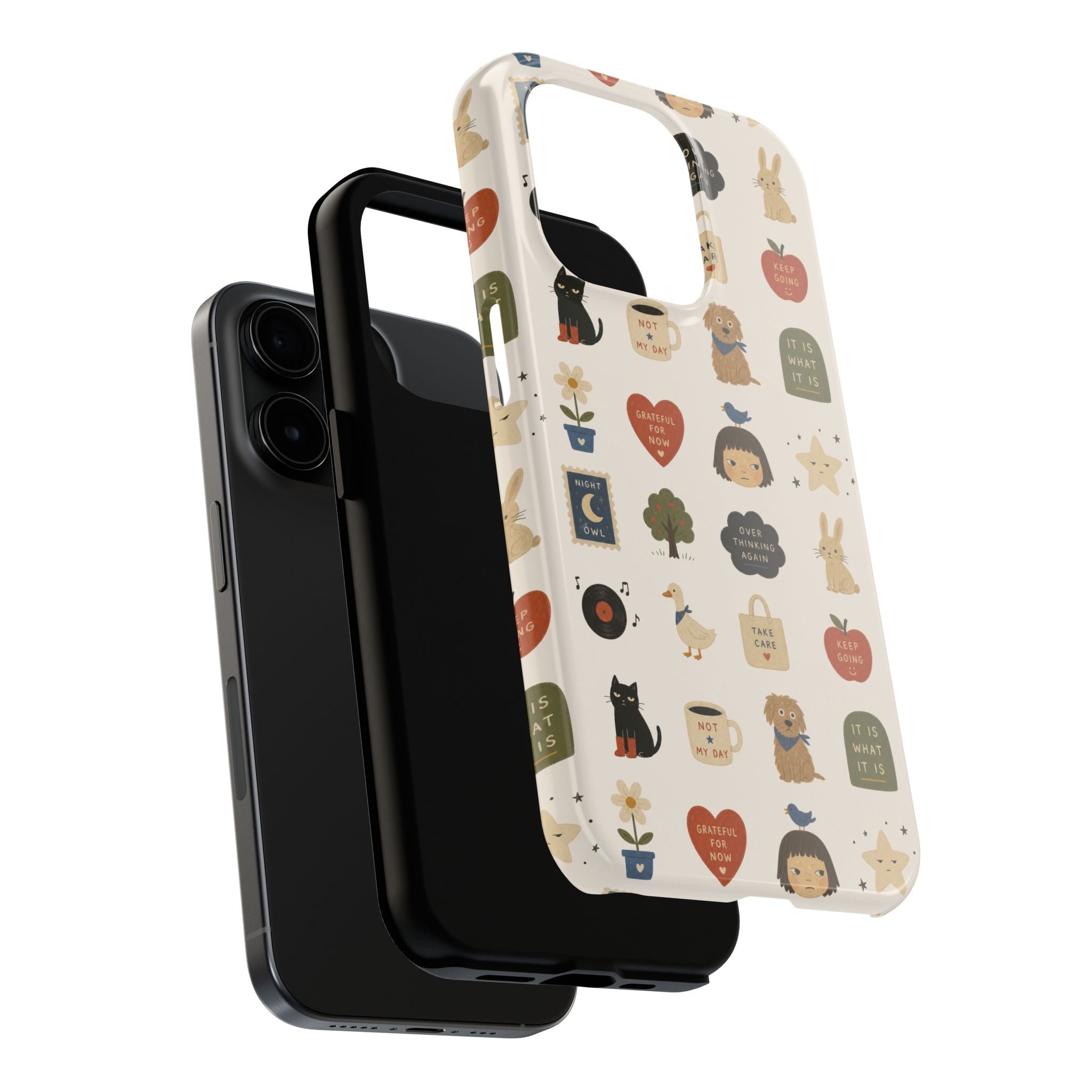 Cute Cozy Icons phone case | dogs, cats, hearts, plants, stars pattern