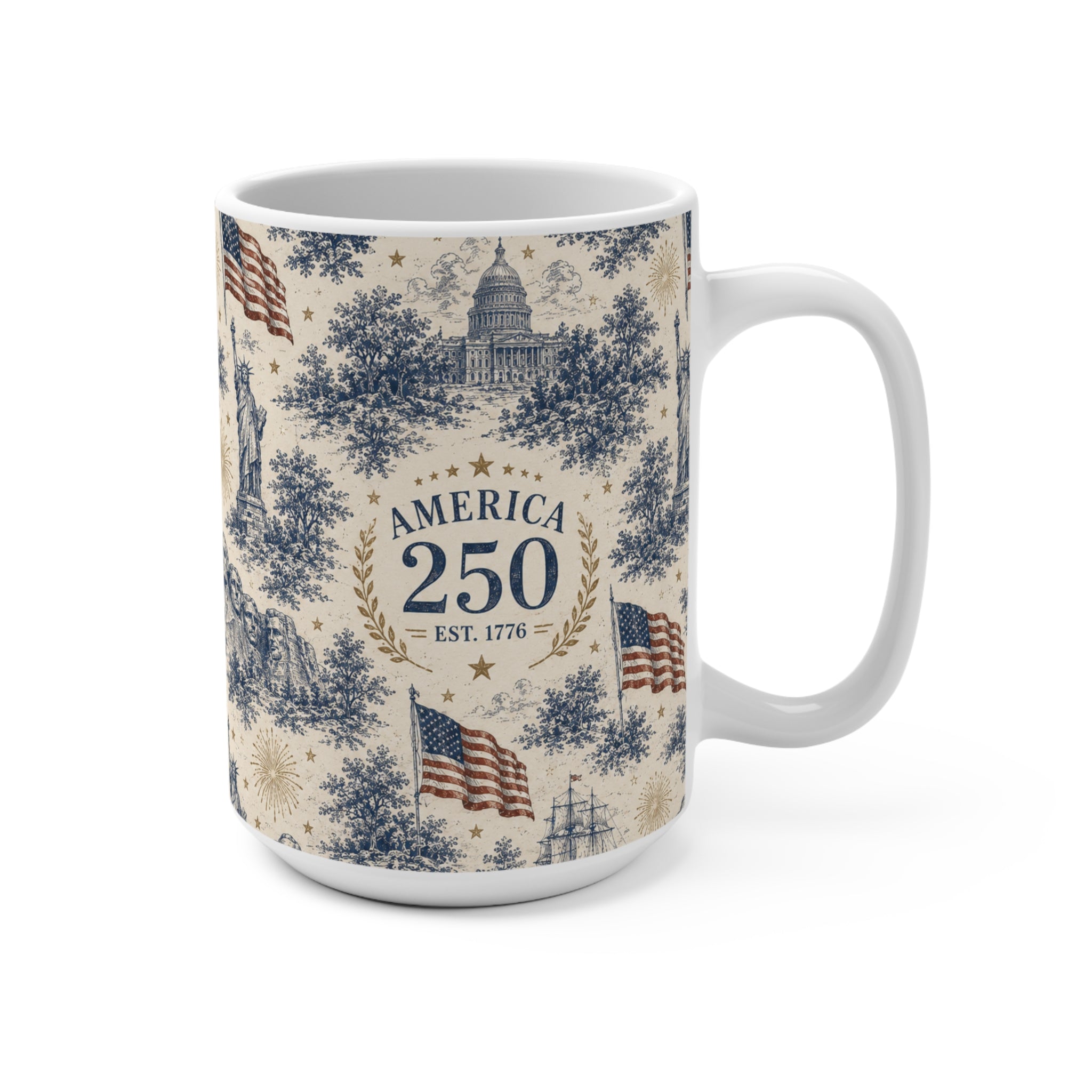 America 250 Toile pattern Mug | 250th Anniversary, Liberty Bell, Statue of Liberty