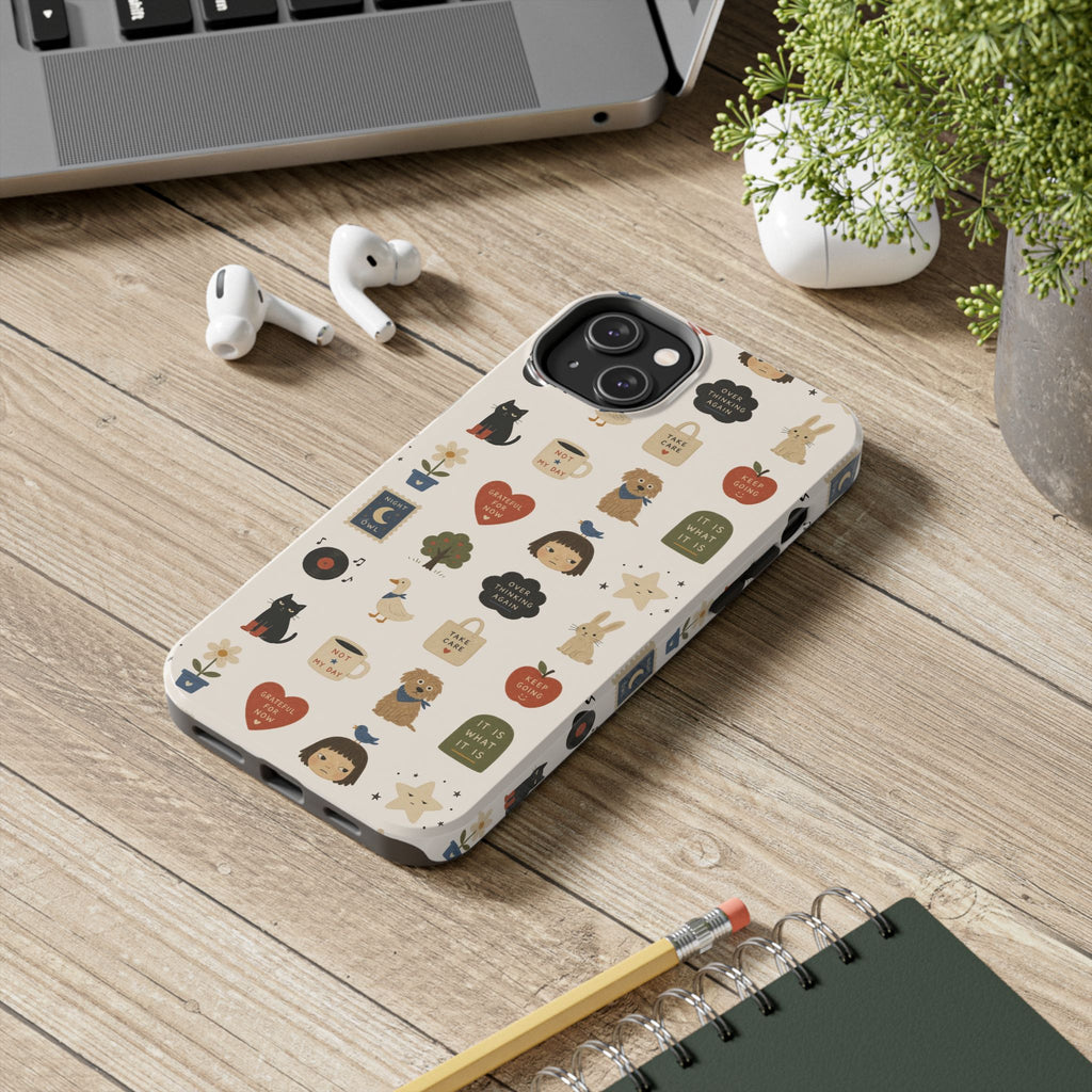 Cute Cozy Icons phone case | dogs, cats, hearts, plants, stars pattern