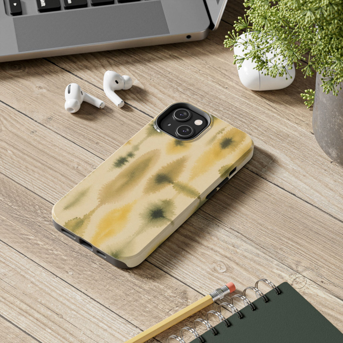 Watercolor Trees Phone Case | Abstract Forest Pattern, Olive & Mustard