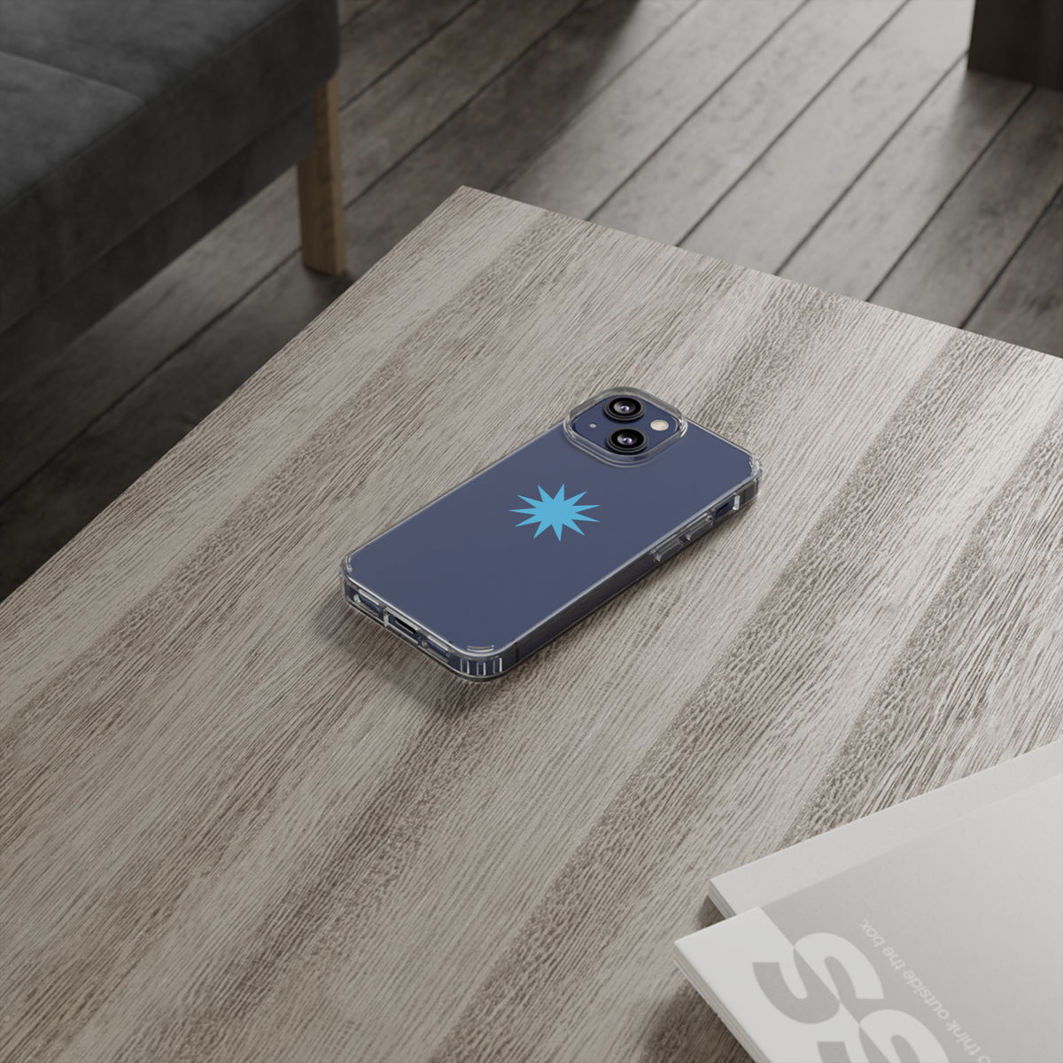 Clear Impact-Resistant Phone Case — Blue Starburst Design