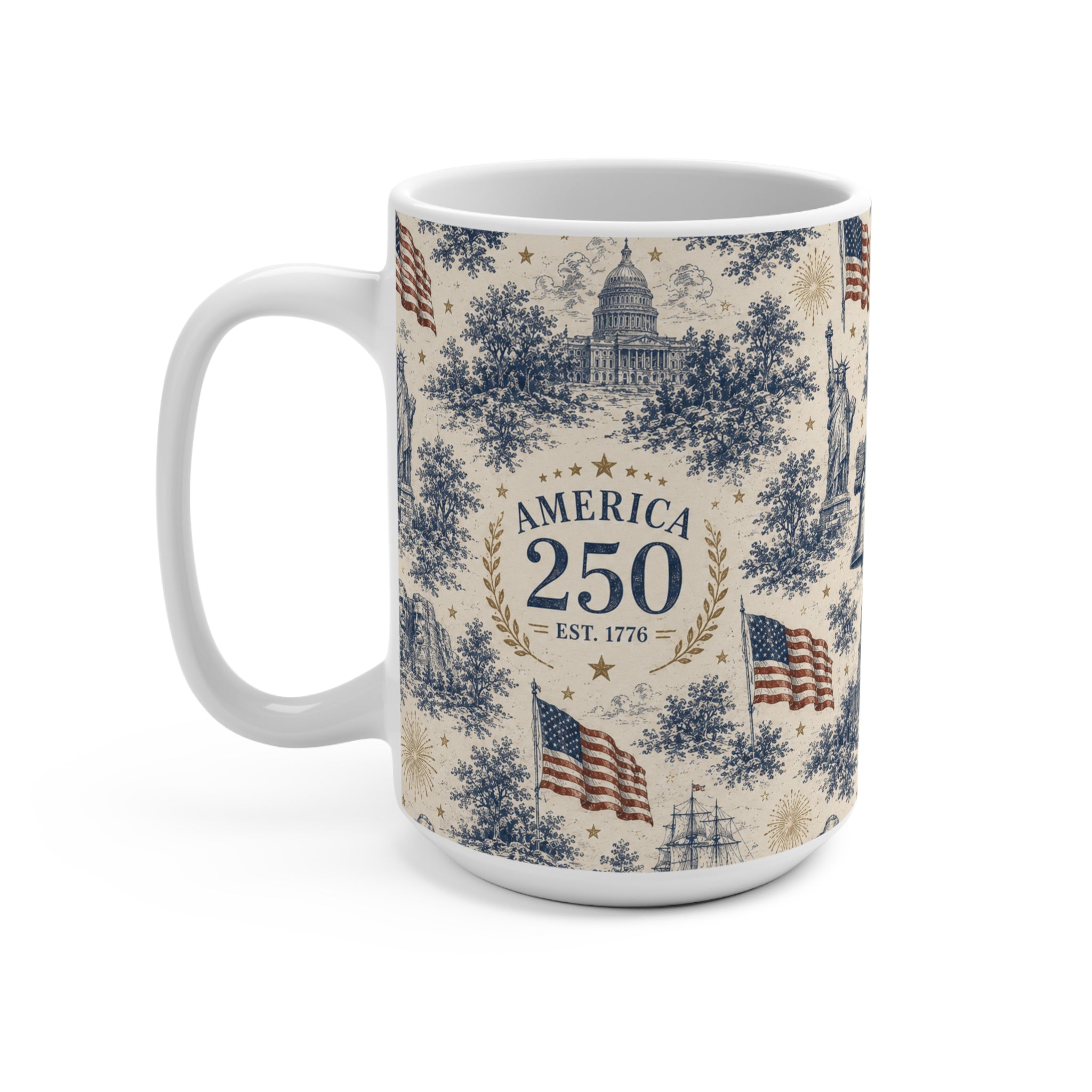 America 250 Toile pattern Mug | 250th Anniversary, Liberty Bell, Statue of Liberty