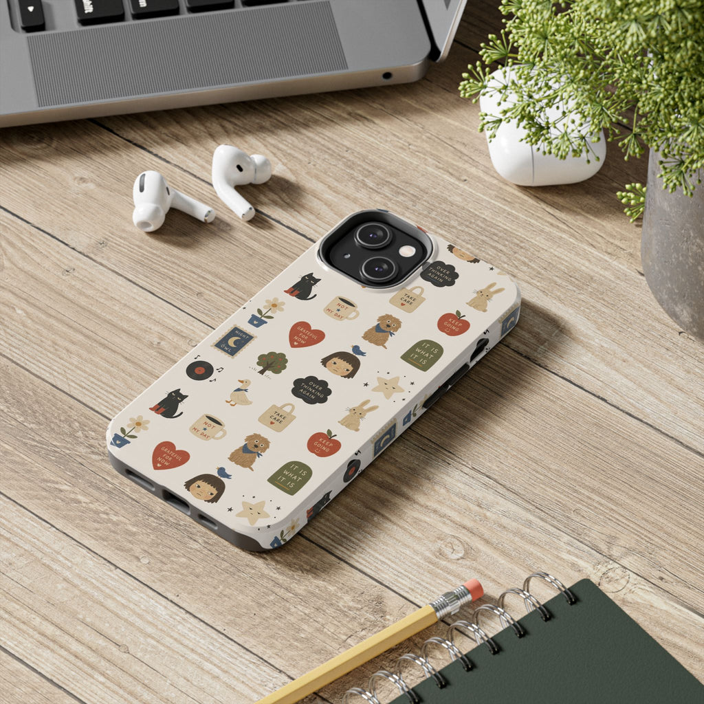 Cute Cozy Icons phone case | dogs, cats, hearts, plants, stars pattern