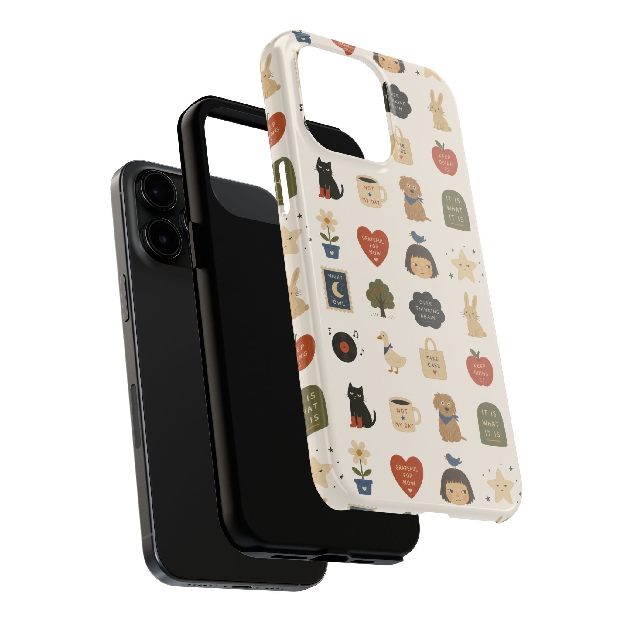 Cute Cozy Icons phone case | dogs, cats, hearts, plants, stars pattern